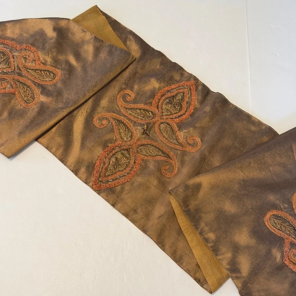 Bronze Beaded Embroidered Table Runner Paisley Copper Tassels India 72x12.5